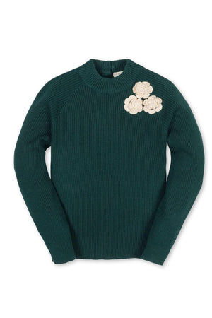 Green ribbed sweater featuring a mock neck and three decorative rosettes, made from organic cotton by Hope & Henry.