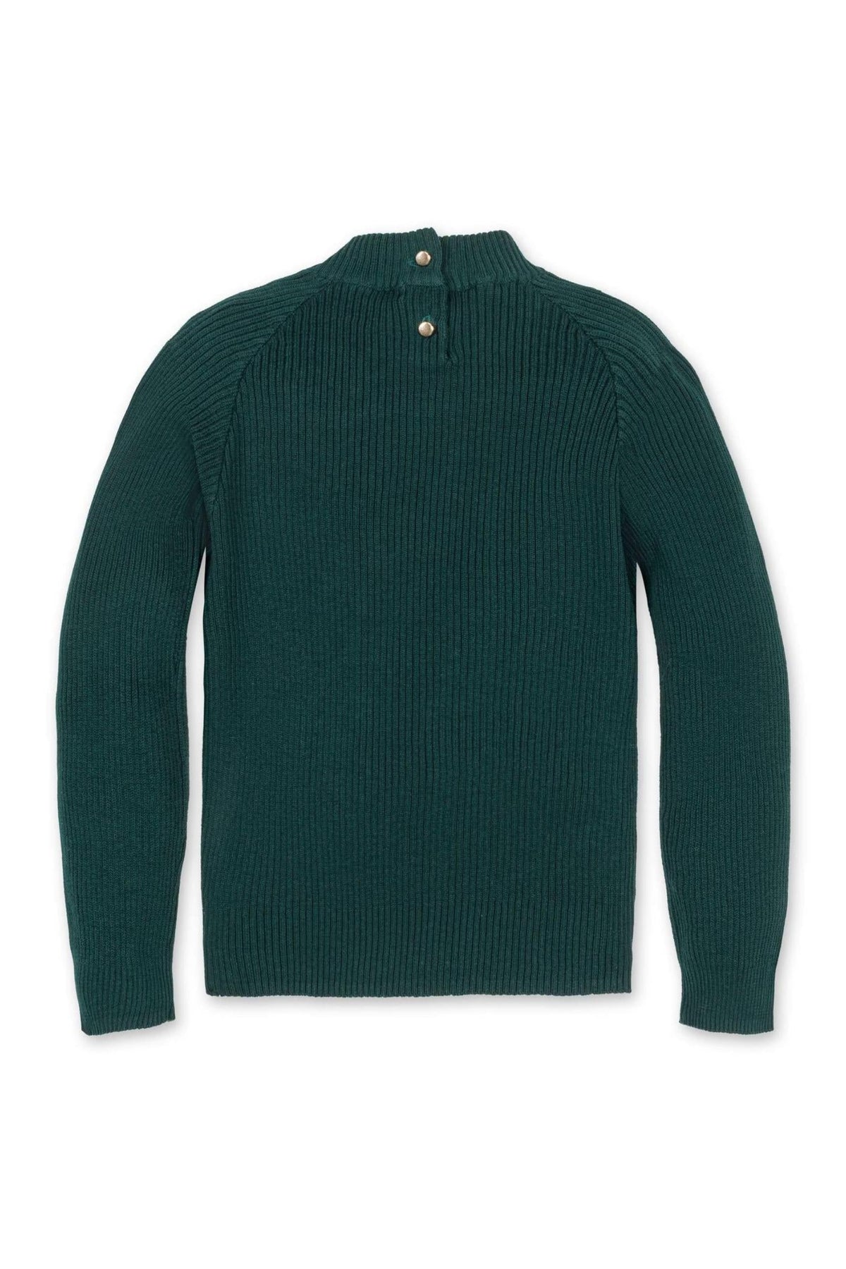 Back view of a green ribbed sweater featuring a mock neck and two button closures at the back, suitable for.