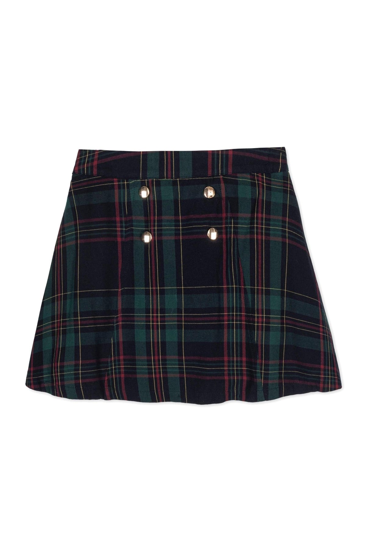 A navy and green plaid skirt made from soft organic cotton, featuring decorative double gold buttons at the front. Perfect for girls, this piece combines style with sustainable materials.