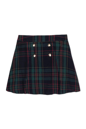 A navy and green plaid skirt made from soft organic cotton, featuring decorative double gold buttons at the front. Perfect for girls, this piece combines style with sustainable materials.