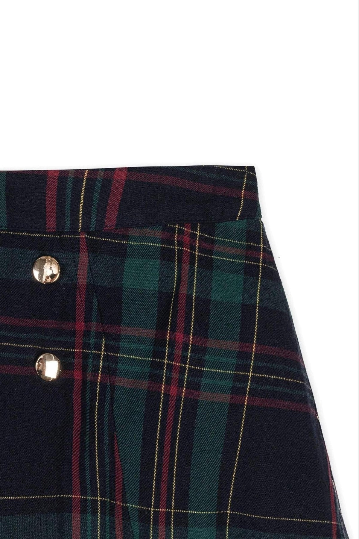 Close-up of a navy and green plaid skirt featuring decorative gold double buttons. Made from soft, GOTS-certified organic cotton, this classic design is perfect for girls everyday wear.
