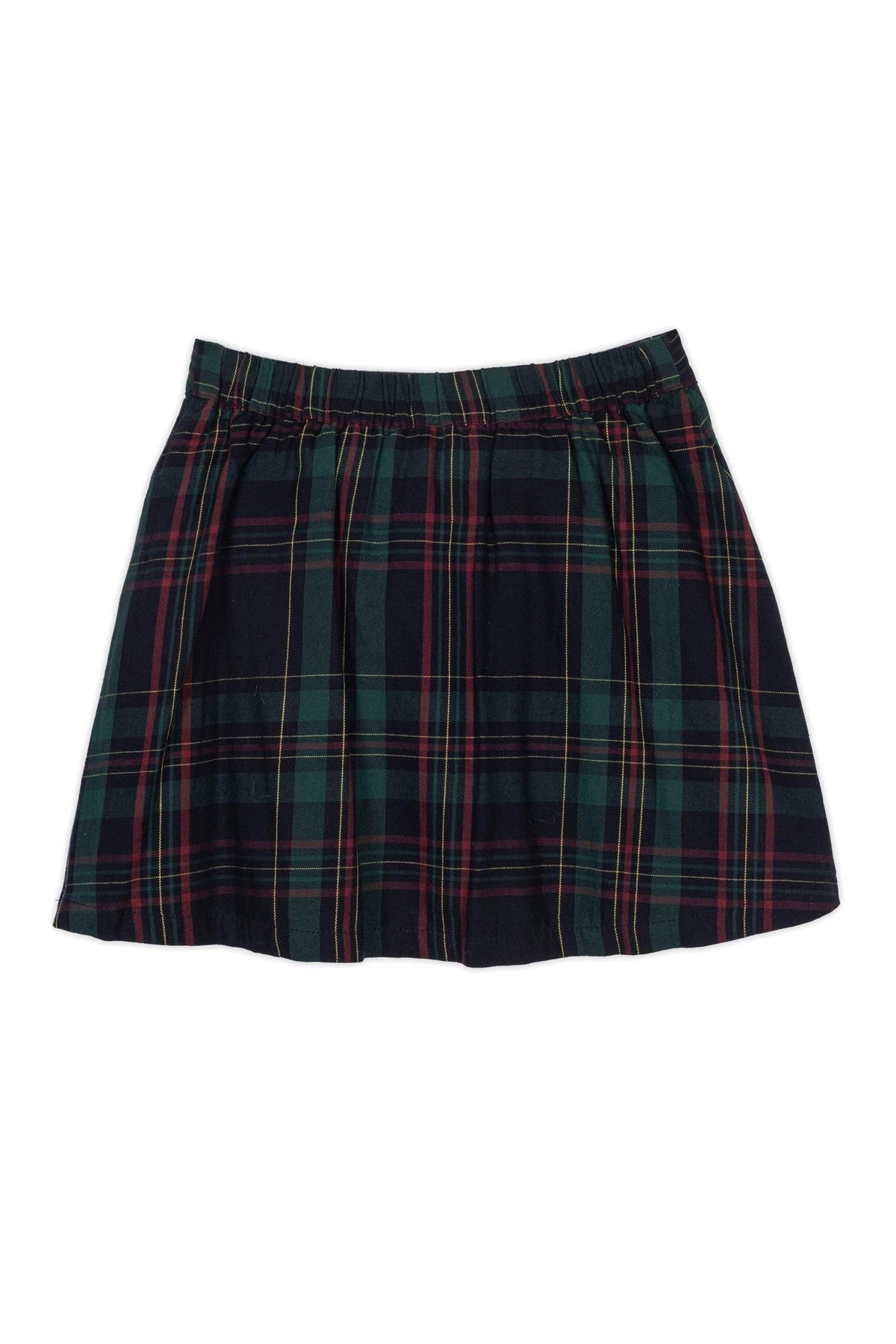 A navy and green plaid skirt made from soft organic cotton features a pull-on elastic waistband.