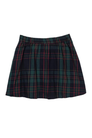 A navy and green plaid skirt made from soft organic cotton features a pull-on elastic waistband.
