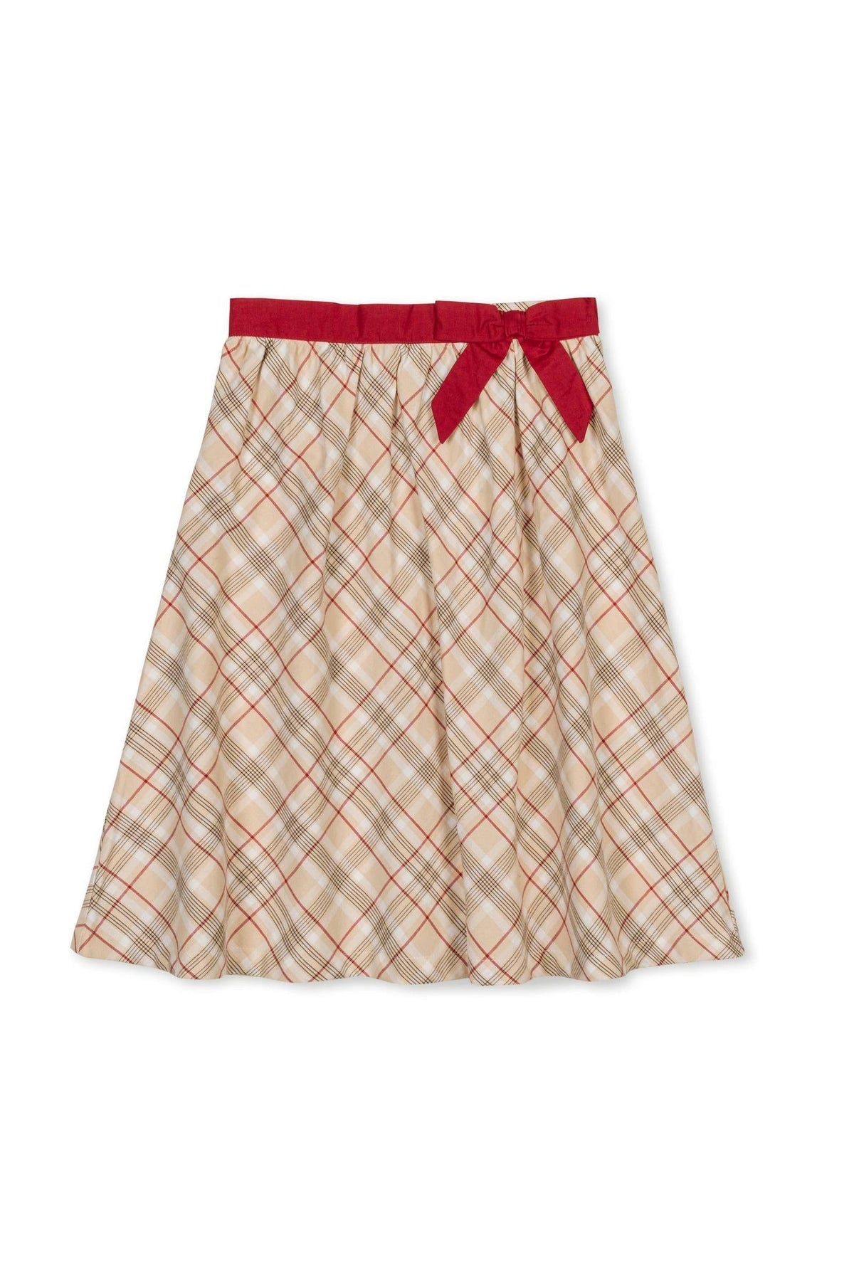 A plaid skirt in beige and red with a bow sash, made from organic cotton, perfect for toddlers and kids.