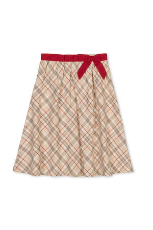 A plaid skirt in beige and red with a bow sash, made from organic cotton, perfect for toddlers and kids.
