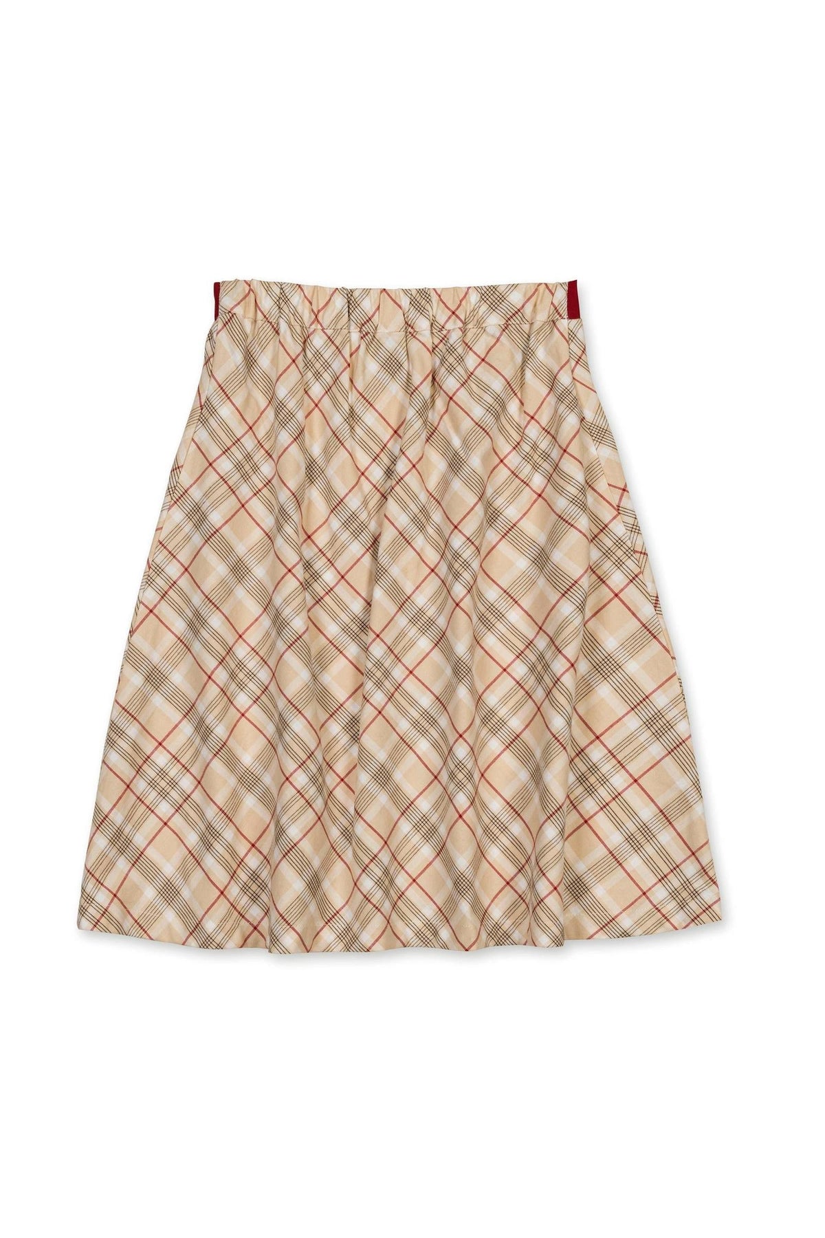 A plaid skirt in beige, red, and brown tones, featuring a gathered waistband and a twirly silhouette.