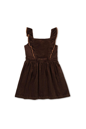 Brown corduroy jumper dress featuring ruffled sleeves and a gathered skirt, designed for toddlers and kids. Ideal for layering.