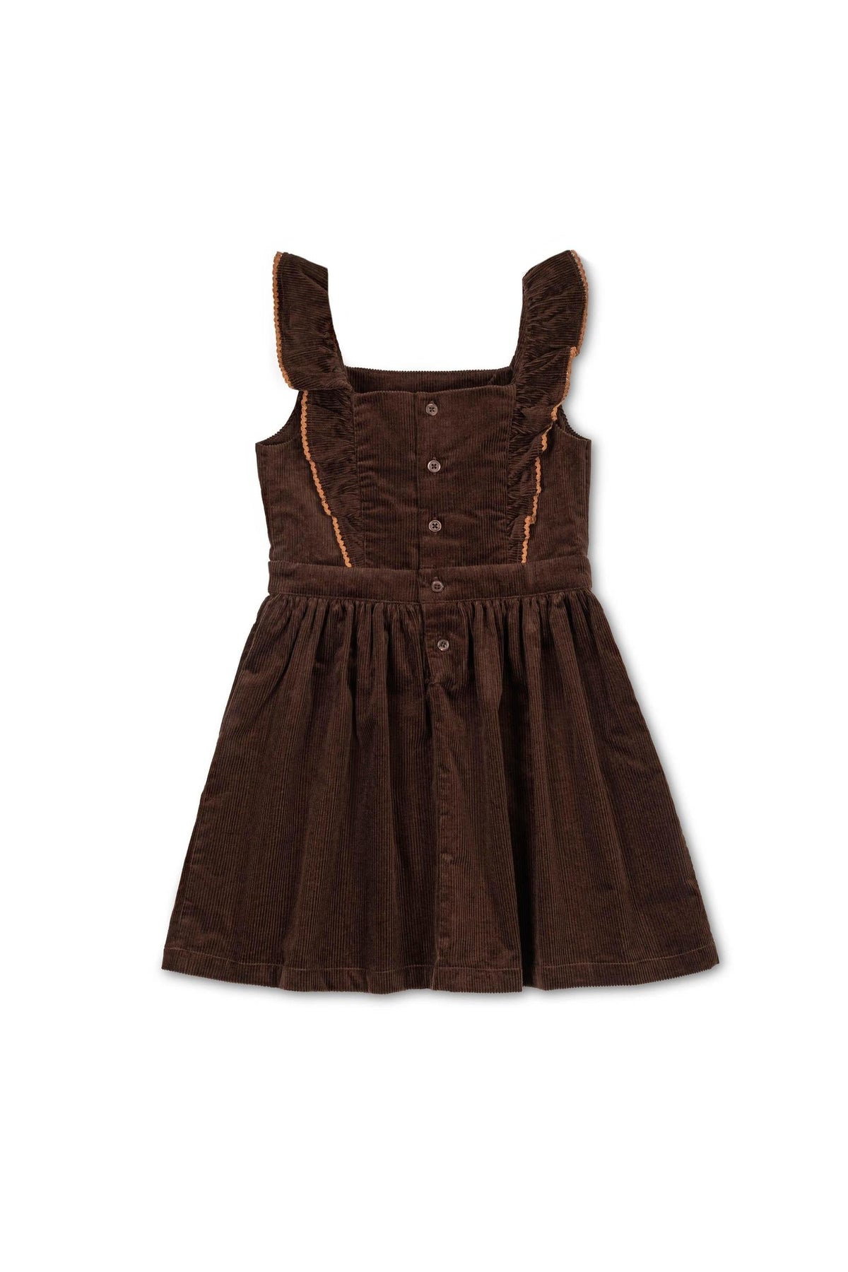 Brown corduroy jumper dress featuring ruffled straps and a button-down front, designed for toddlers and kids. Ideal for layering.