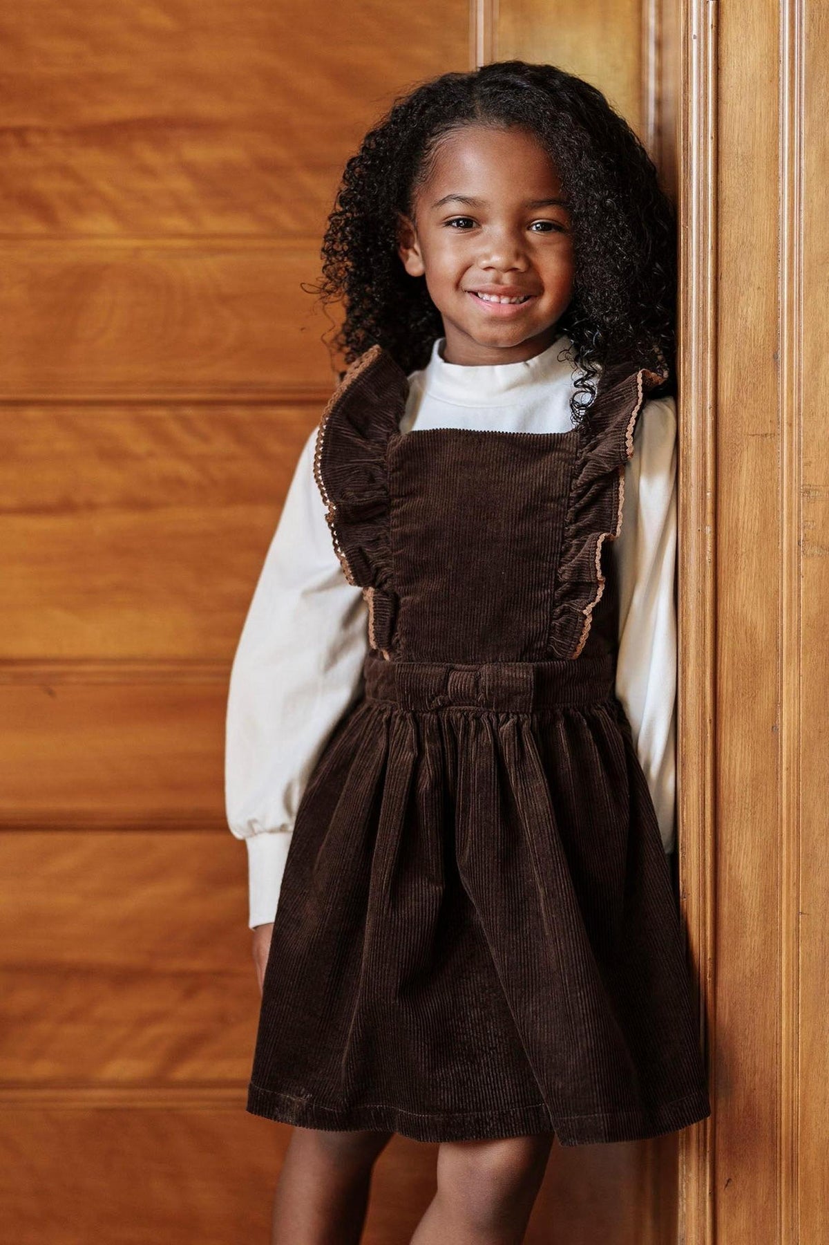Hope & Henry Girls' Organic Corduroy Ruffle Jumper, Chocolate, 6