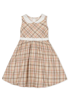 Ivory fireside plaid sleeveless dress featuring a classic Peter Pan collar and a full skirt, made from organic cotton.