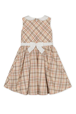 Ivory plaid sleeveless dress featuring a Peter Pan collar and a white bow at the waist, made from organic cotton.