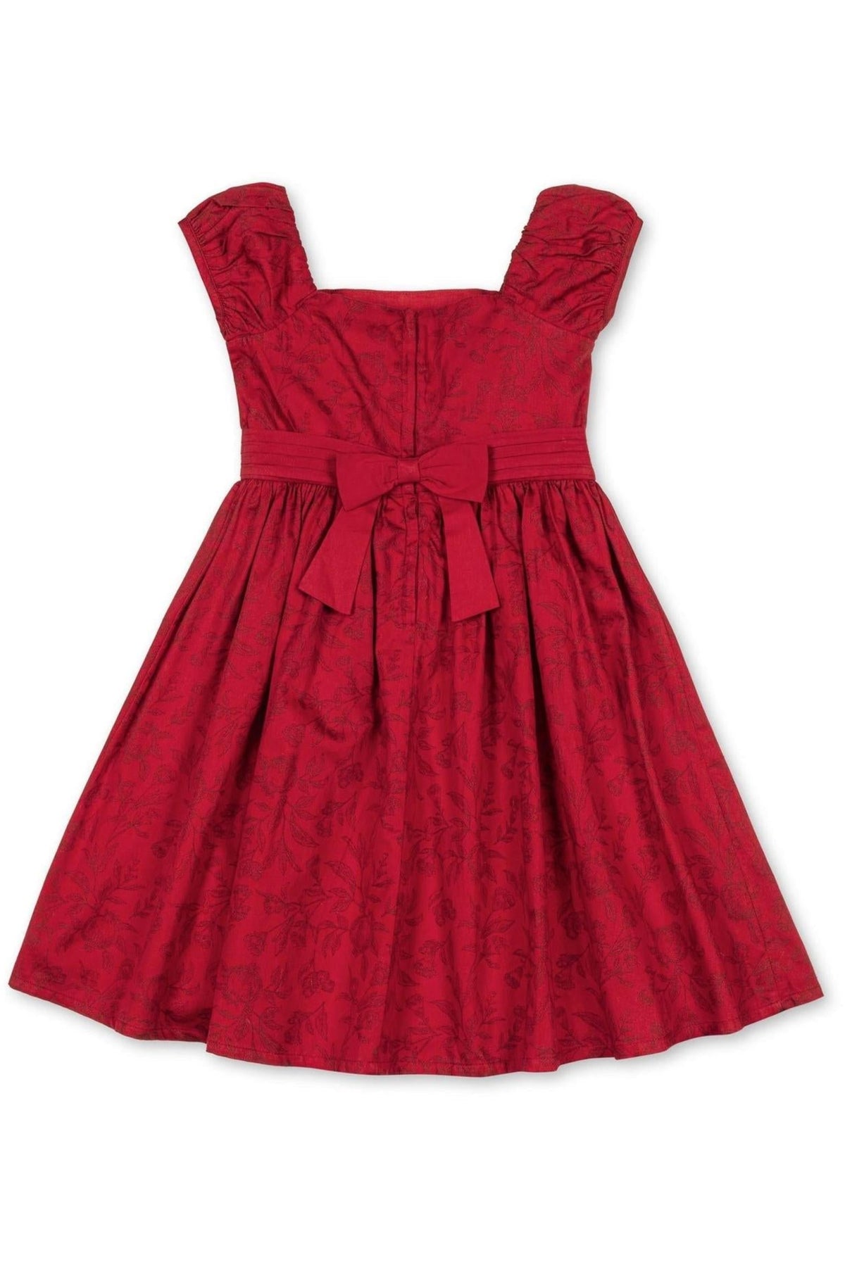 A vibrant fireside red toile dress features delicate puff sleeves and a tailored bodice. Designed for girls, it includes a coordinating waist sash with a bow, crafted from organic cotton.