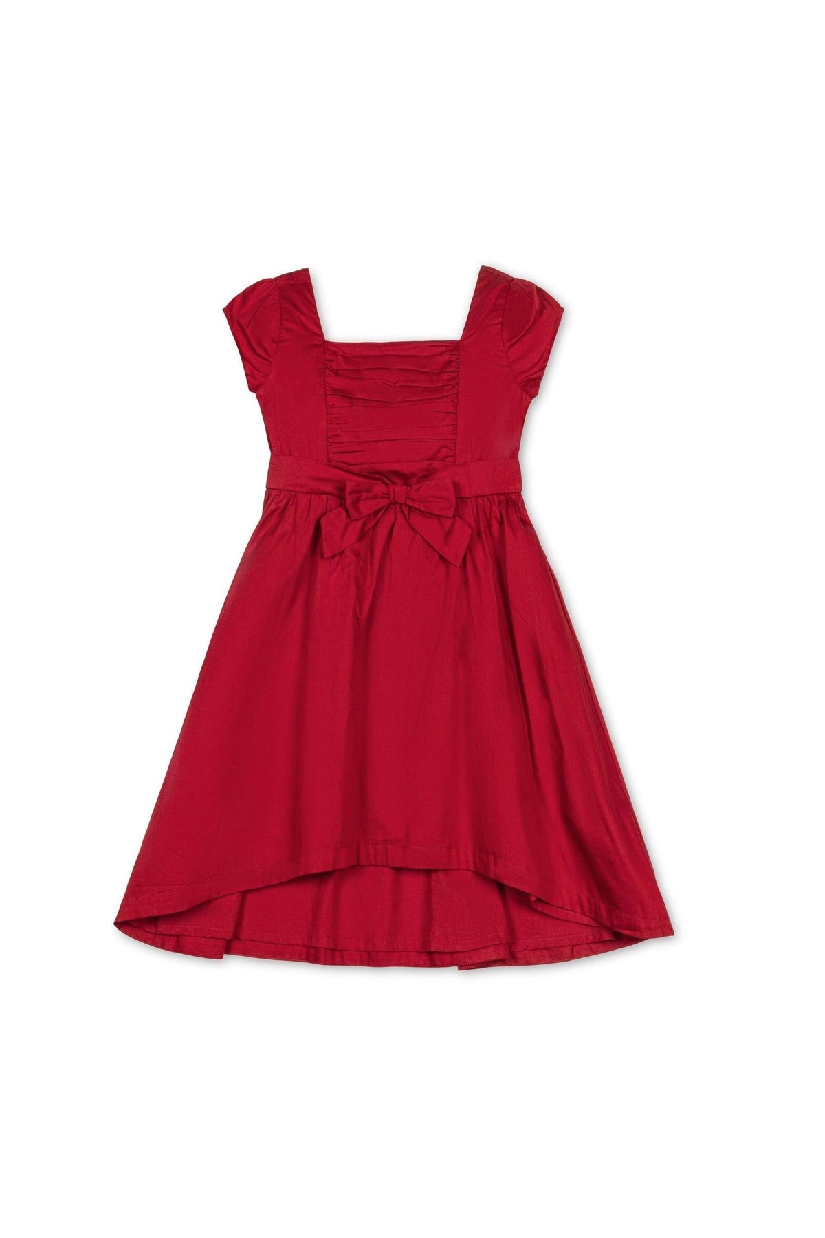 A red high-low dress with cap sleeves, a ruched bodice, and a bow sash, made from soft organic cotton.