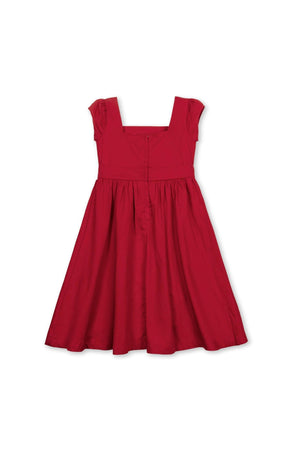 A vibrant red high-low dress featuring cap sleeves, a ruched bodice, and a waist sash. Perfect for special occasions.