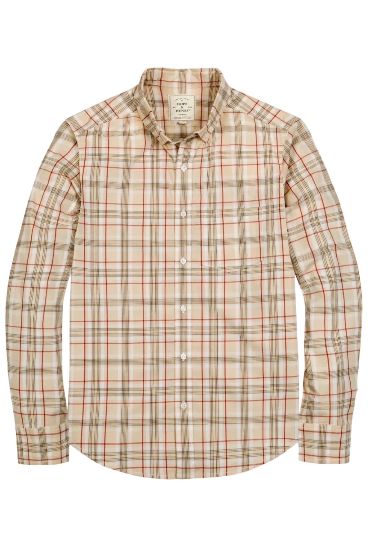 Long sleeve button-down shirt in a fireside plaid pattern, featuring soft organic cotton material, a functional chest pocket, and a classic collar. Ideal for stylish family matching outfits.