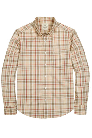 Long sleeve button-down shirt in a fireside plaid pattern, featuring soft organic cotton material, a functional chest pocket, and a classic collar. Ideal for stylish family matching outfits.