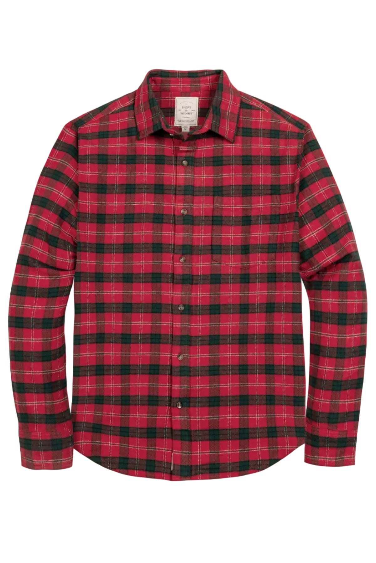 A mens organic cotton flannel shirt features a classic red and black London plaid pattern. This comfortable, eco-friendly shirt is perfect for family matching outfits and everyday wear.