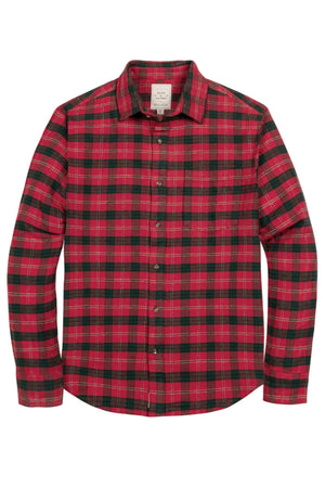 A mens organic cotton flannel shirt features a classic red and black London plaid pattern. This comfortable, eco-friendly shirt is perfect for family matching outfits and everyday wear.