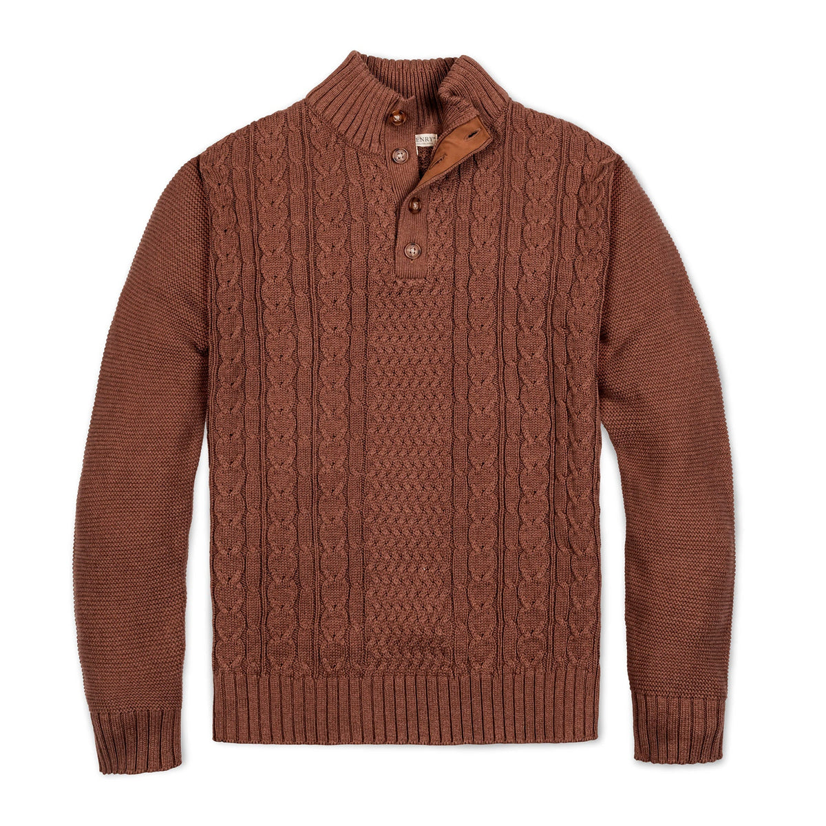A cozy cinnamon heather mock neck cable sweater made from soft organic cotton, featuring a textured allover cable design and a faux suede button placket for added style.
