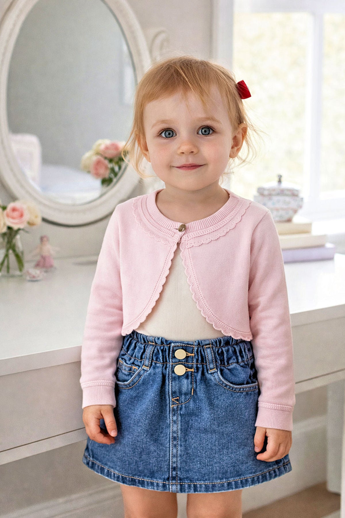 A young girl wears a pink cropped cardigan over a light top and denim skirt, standing in a bright, elegant.