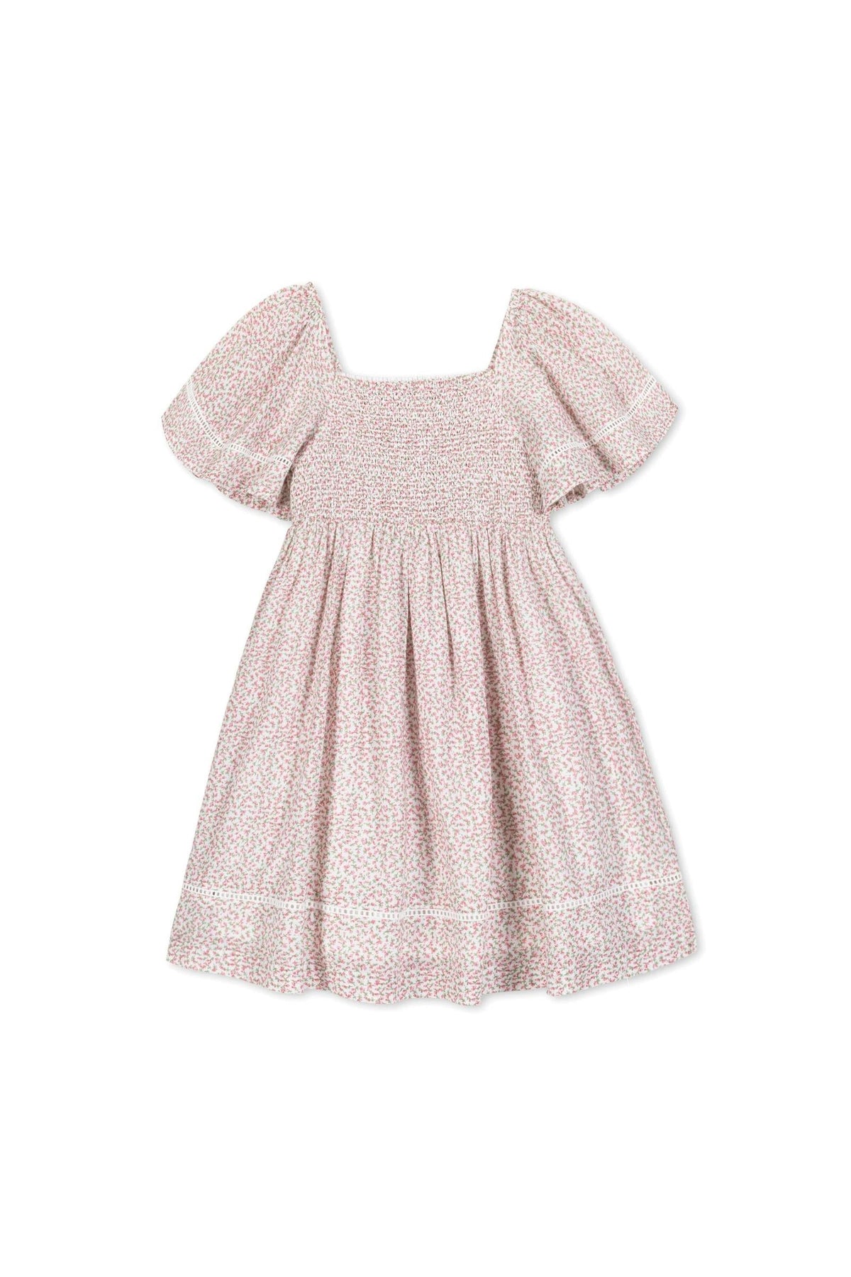 Girls vintage-style dress with pink floral print, featuring smocked bodice and bell sleeves, made from organic cotton.