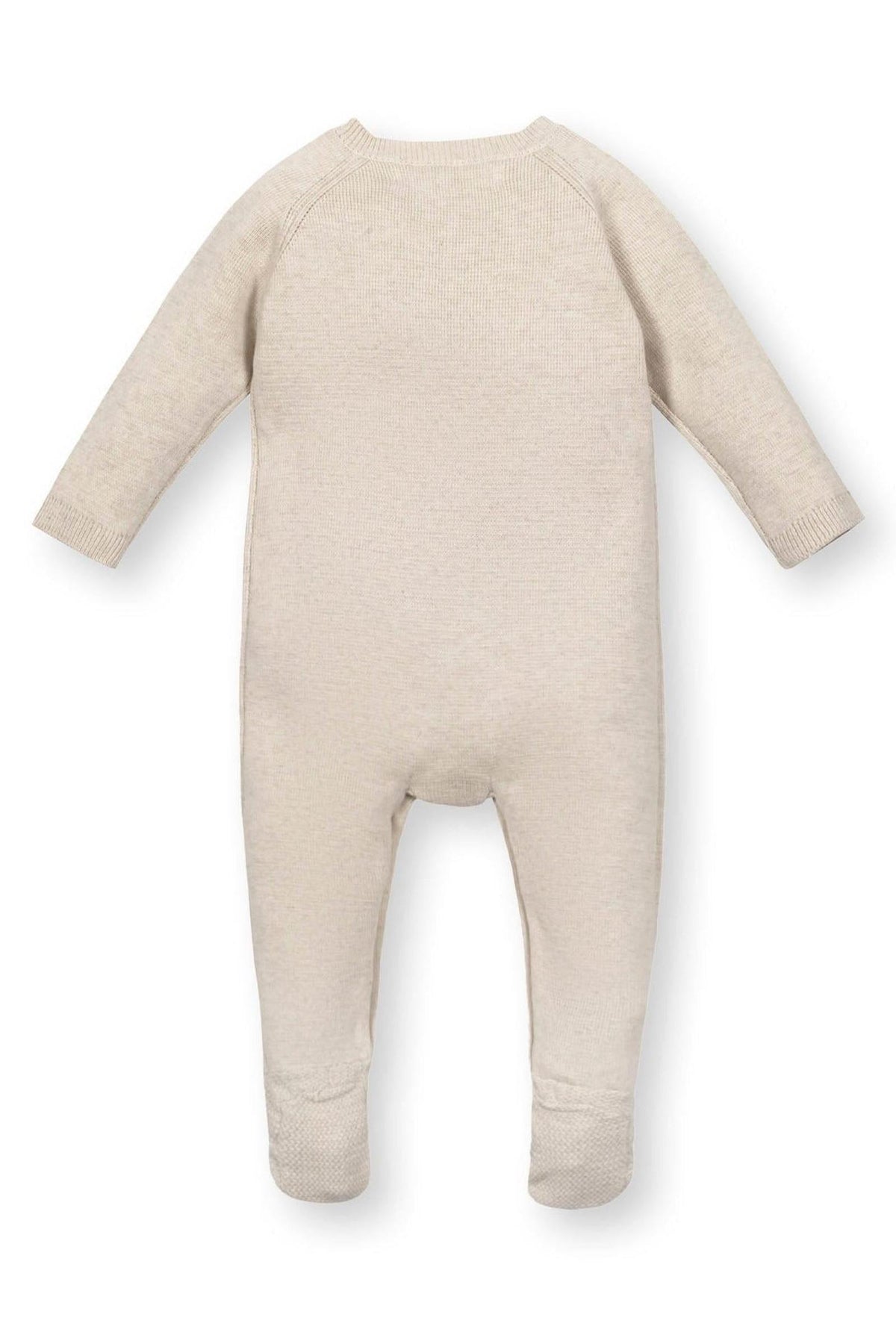 Back view of a beige organic cotton footed romper for babies, featuring long sleeves and textured stitching.
