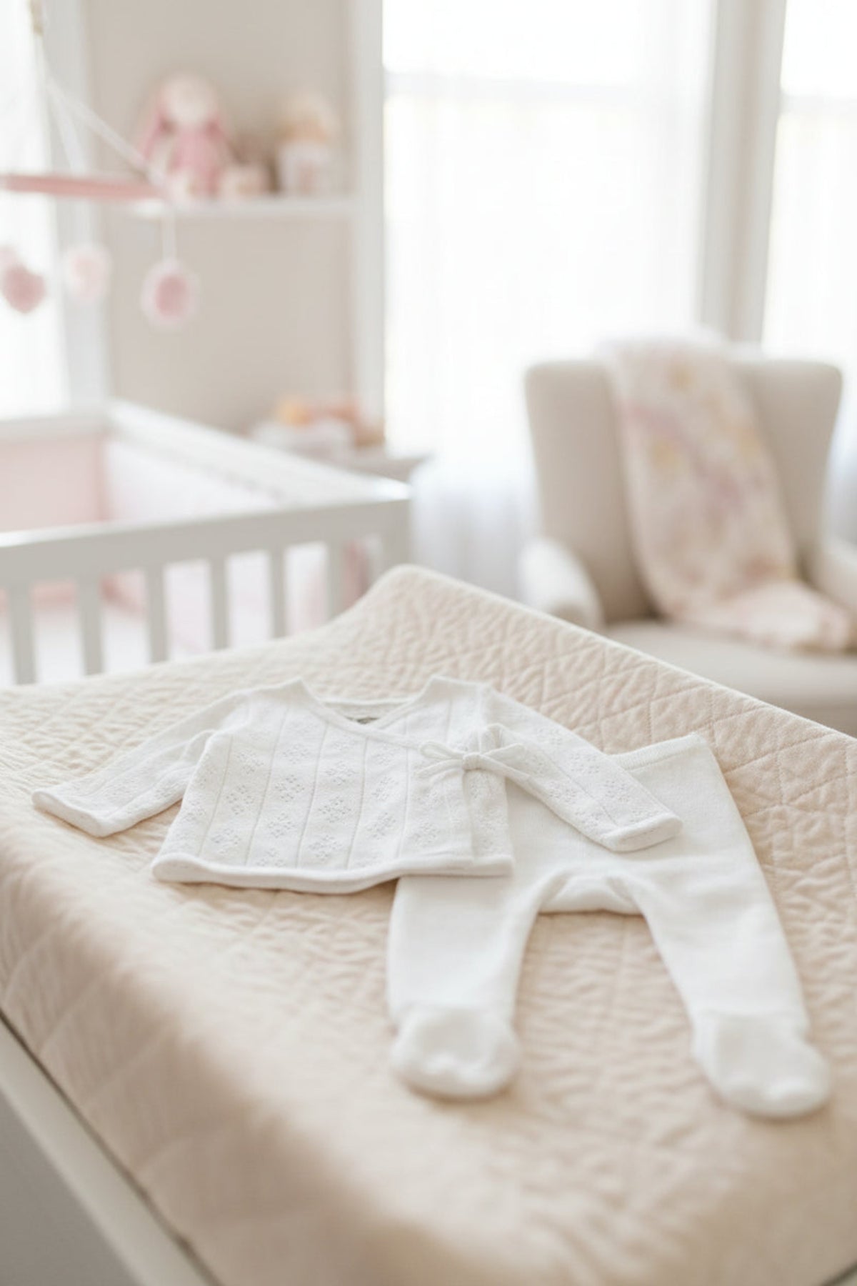 White organic cotton baby sweater and leggings set on a quilted changing table in a softly lit nursery.