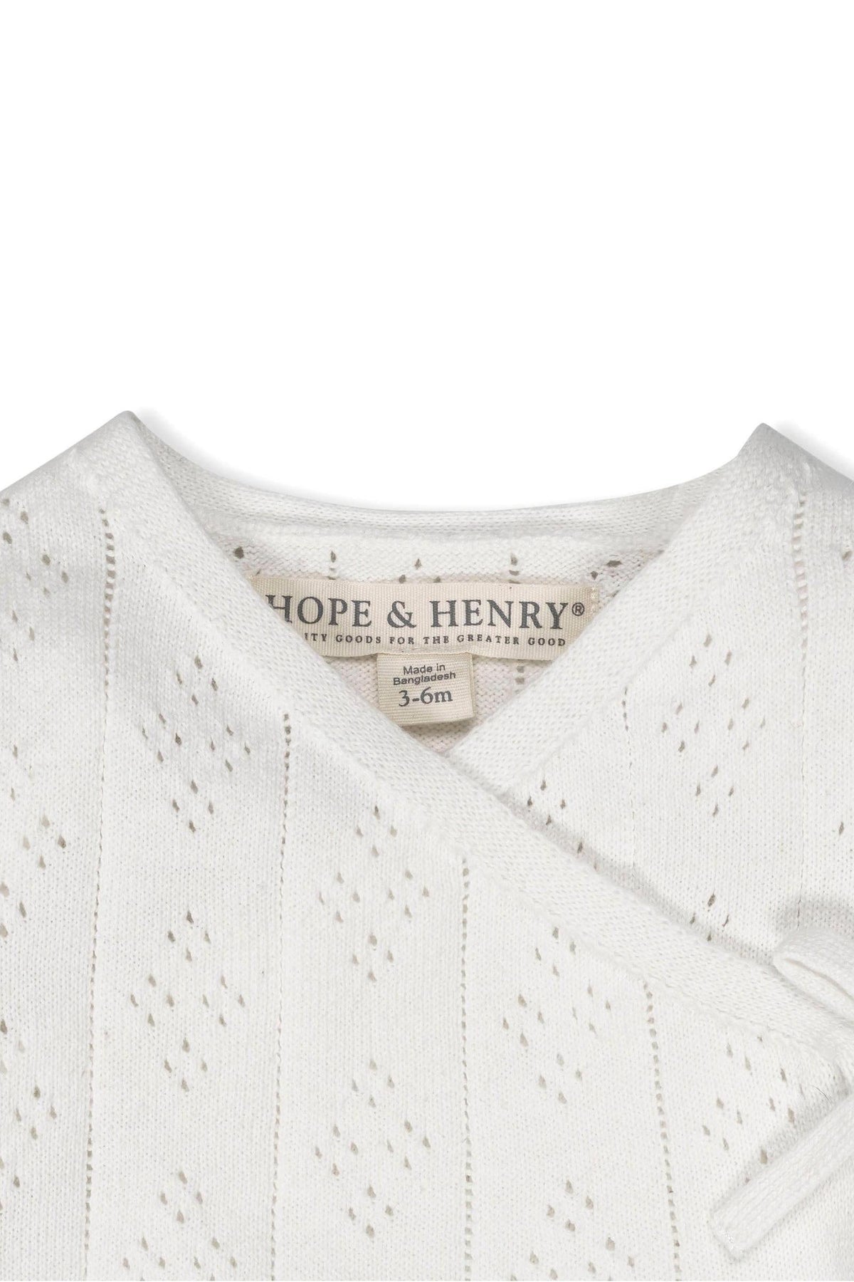 White Hope & Henry organic cotton sweater with pointelle detailing and side-tie closure, size 3-6 months.