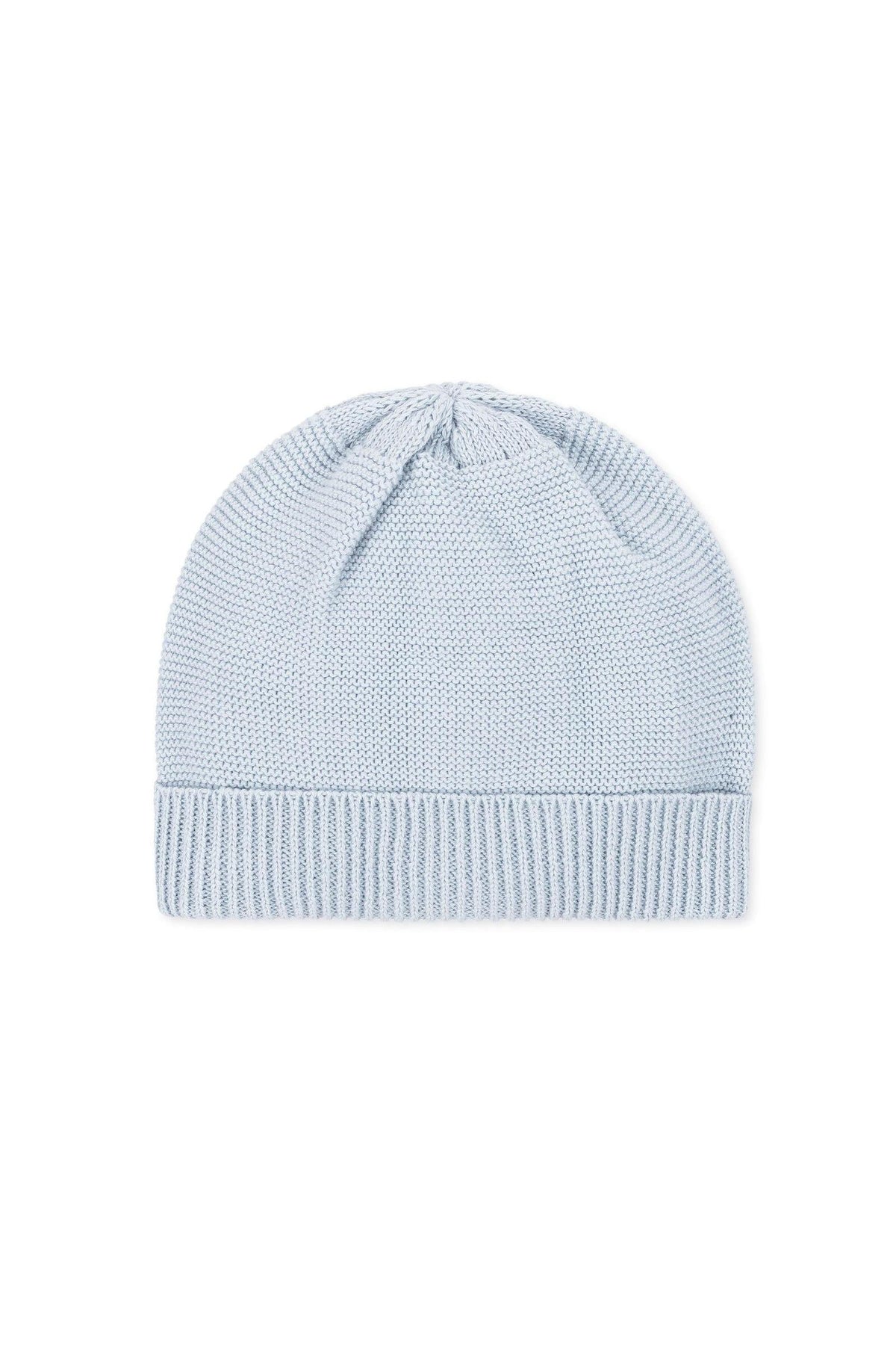 Pale blue organic cotton knit beanie with ribbed trim, designed for babies, showcasing a soft and cozy texture.