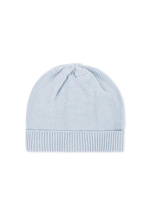 Pale blue organic cotton knit beanie with ribbed trim, designed for babies, showcasing a soft and cozy texture.