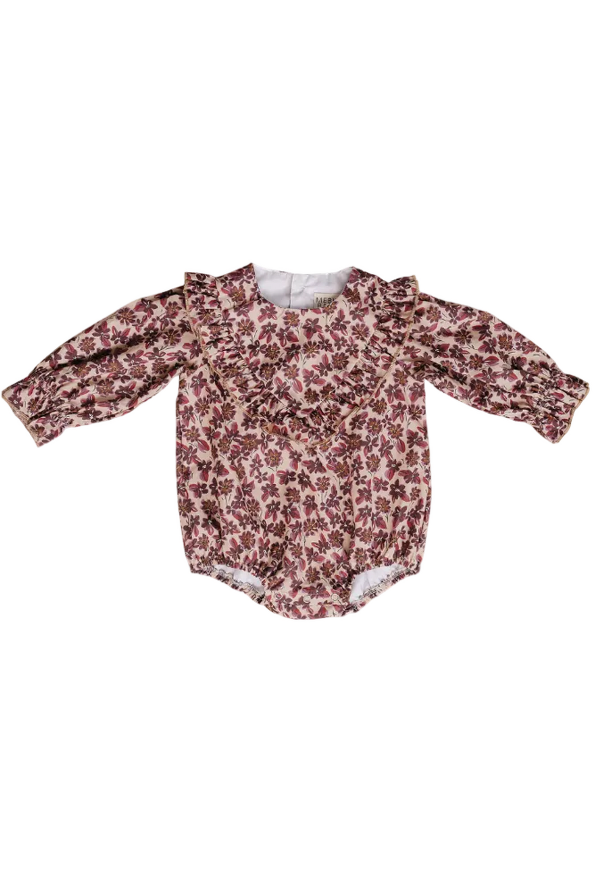 A vintage floral long sleeve romper for baby girls, featuring a soft cotton material with a ruffled neckline and elastic leg openings, ideal for comfortable play and everyday wear.
