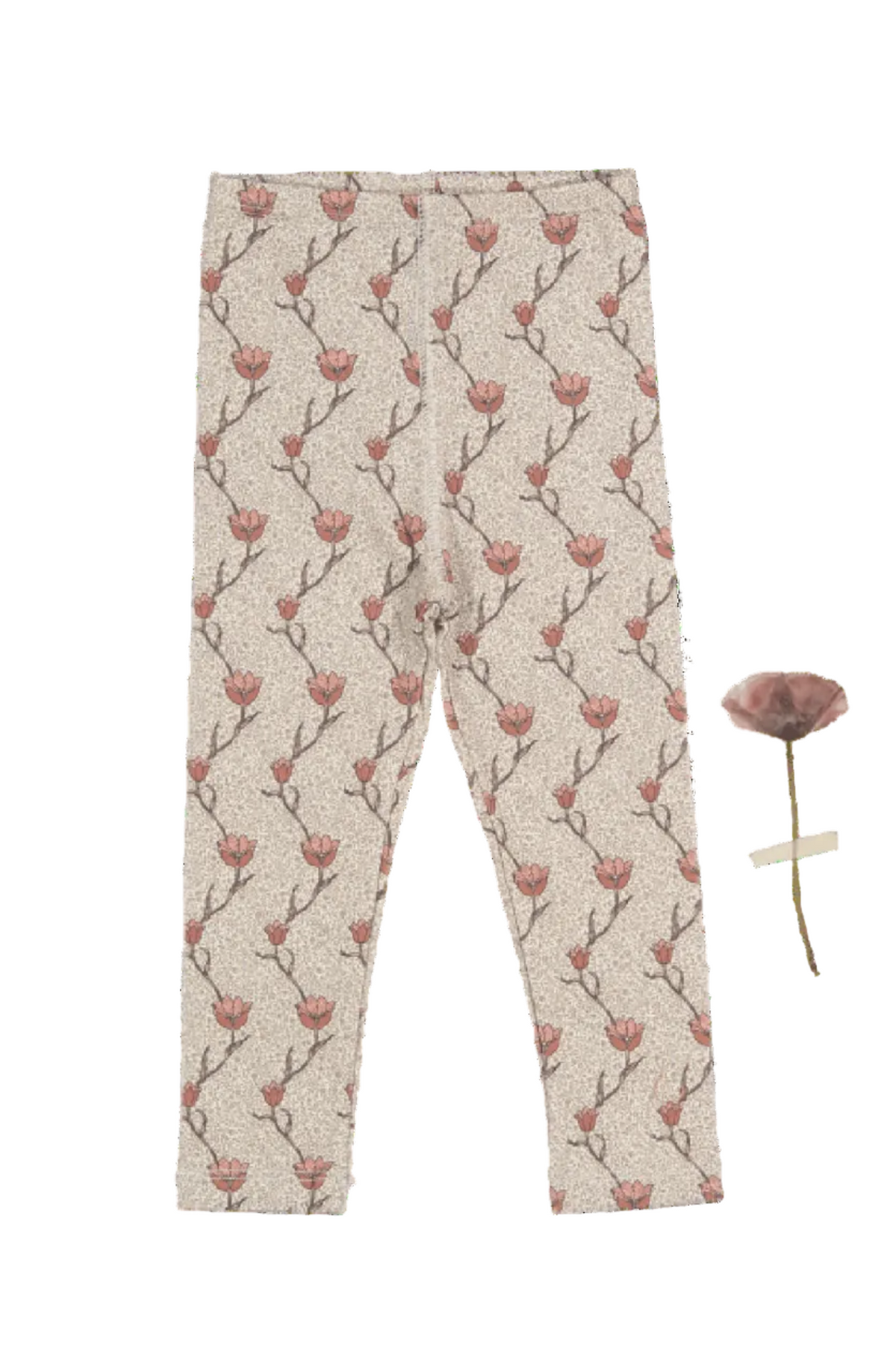 Light beige cotton leggings featuring a whimsical red deer print, designed for babies and kids. Made from sustainable materials, these leggings combine comfort with eco-friendly style.
