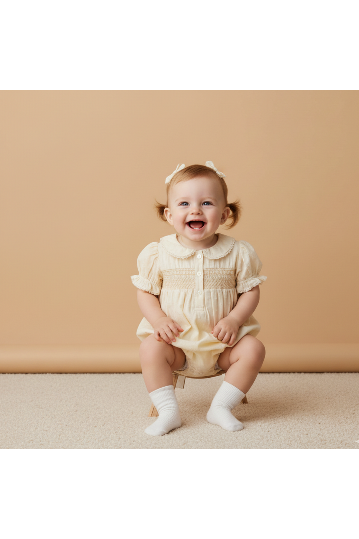 A smiling baby sits on a soft carpet, wearing a butter yellow organic cotton romper with a smocked design and wooden buttons. The background is a warm, neutral tone.