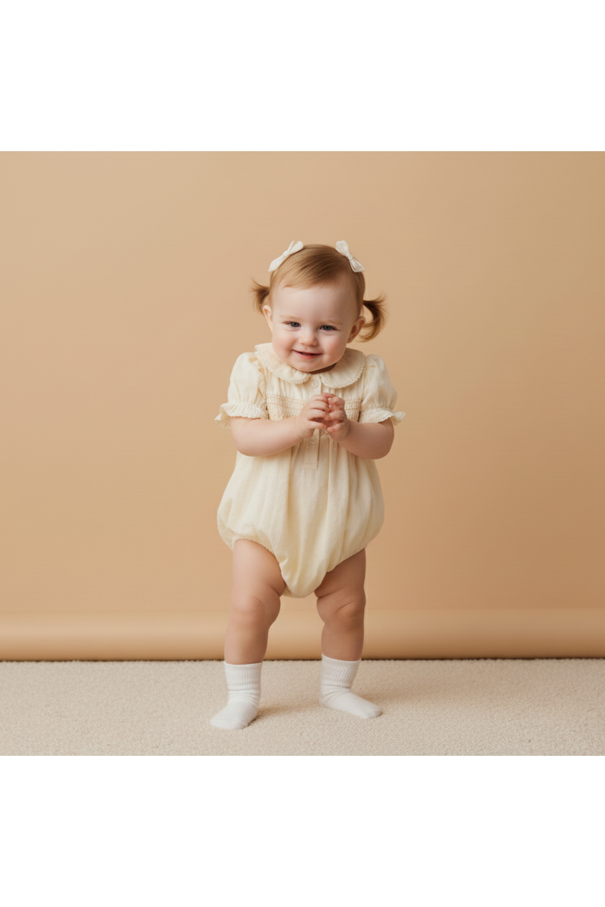 A cheerful baby stands on a soft surface, wearing a light butter yellow smocked romper with short sleeves.