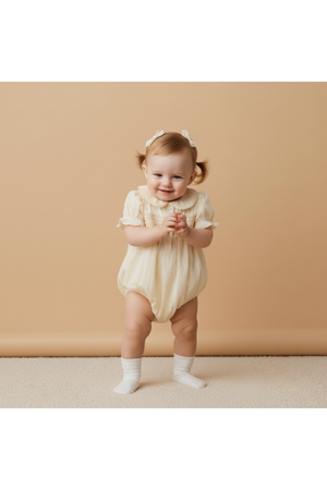 A cheerful baby stands on a soft surface, wearing a light butter yellow smocked romper with short sleeves.