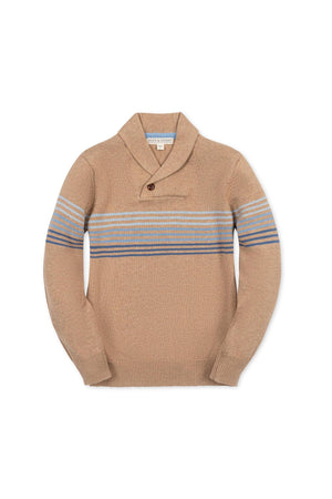 A camel-colored shawl collar sweater featuring a button closure and blue striped details. Made from 100% organic cotton, this stylish piece is suitable for boys aged 2T to 18/20.