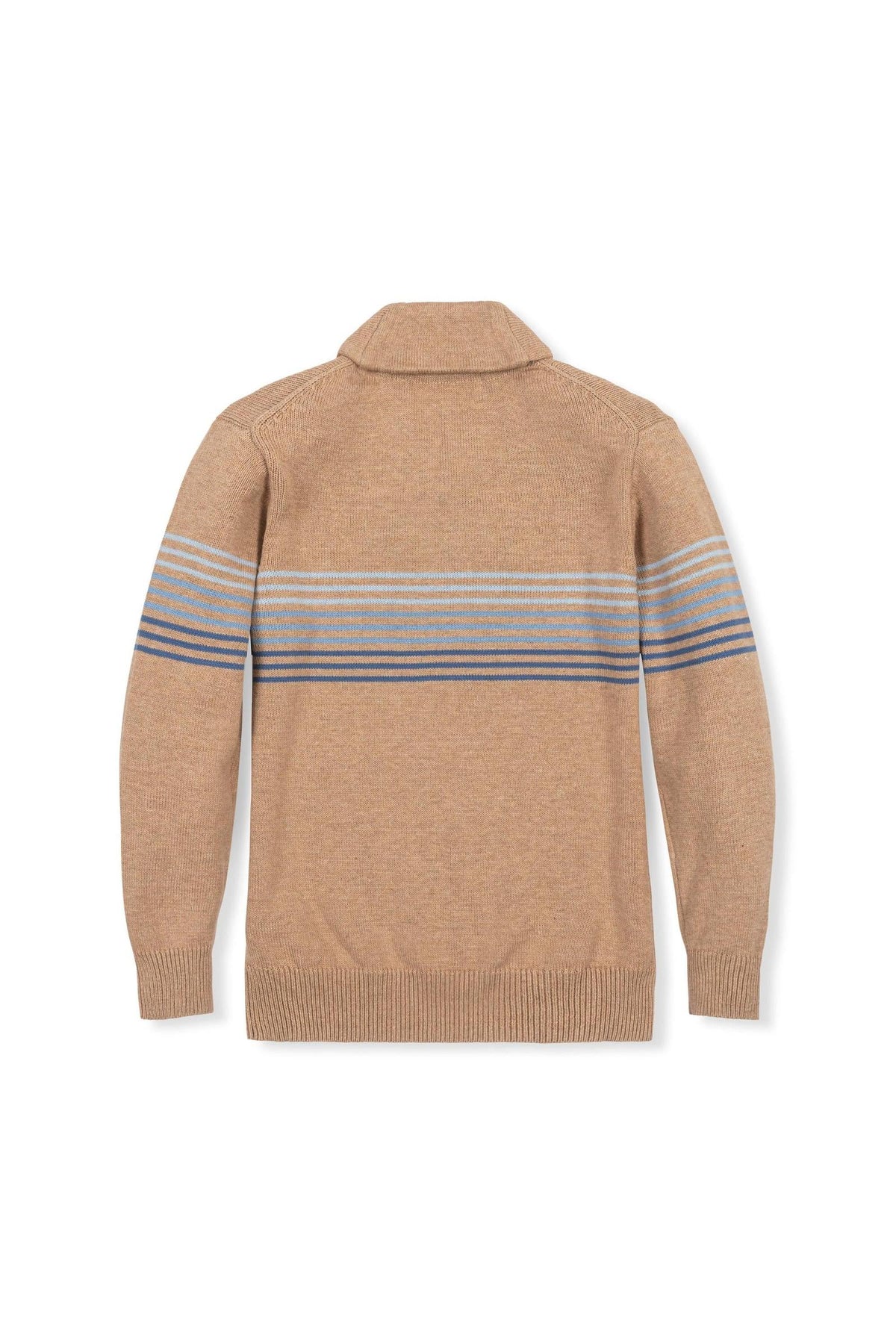 A back view of a camel-colored organic cotton sweater featuring a shawl collar and subtle blue stripe details. This stylish piece is suitable for boys aged 2T to 18/20.