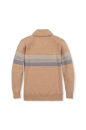 A back view of a camel-colored organic cotton sweater featuring a shawl collar and subtle blue stripe details. This stylish piece is suitable for boys aged 2T to 18/20.