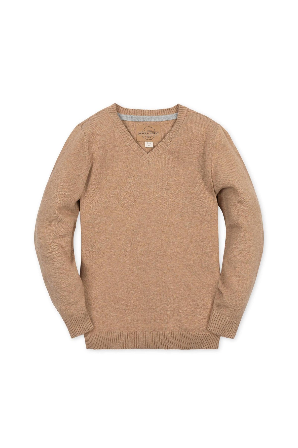 Organic cotton V-neck sweater in a warm camel color, featuring long sleeves and ribbed cuffs. Ideal for boys sizes 2T to 18/20, this piece combines style and comfort.
