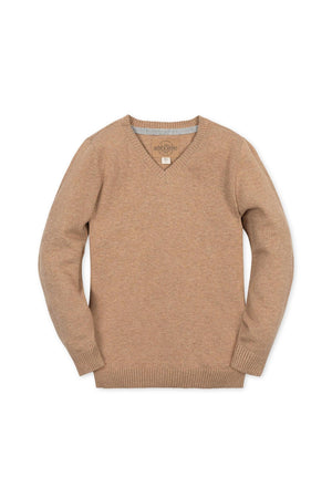 Organic cotton V-neck sweater in a warm camel color, featuring long sleeves and ribbed cuffs. Ideal for boys sizes 2T to 18/20, this piece combines style and comfort.