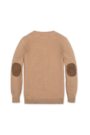 Back view of a camel-colored organic cotton V-neck sweater featuring brown elbow patches, showcasing a classic design suitable for boys aged 2T to 18/20. Ideal for year-round layering.