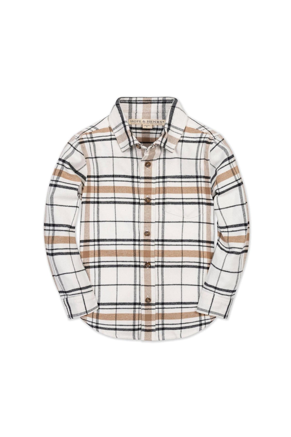 Soft white plaid flannel shirt featuring brown and black check patterns. Made from 100% organic cotton, this shirt is designed for boys in sizes 2T to 18/20, ensuring comfort and.