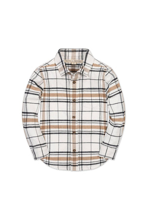Soft white plaid flannel shirt featuring brown and black check patterns. Made from 100% organic cotton, this shirt is designed for boys in sizes 2T to 18/20, ensuring comfort and.