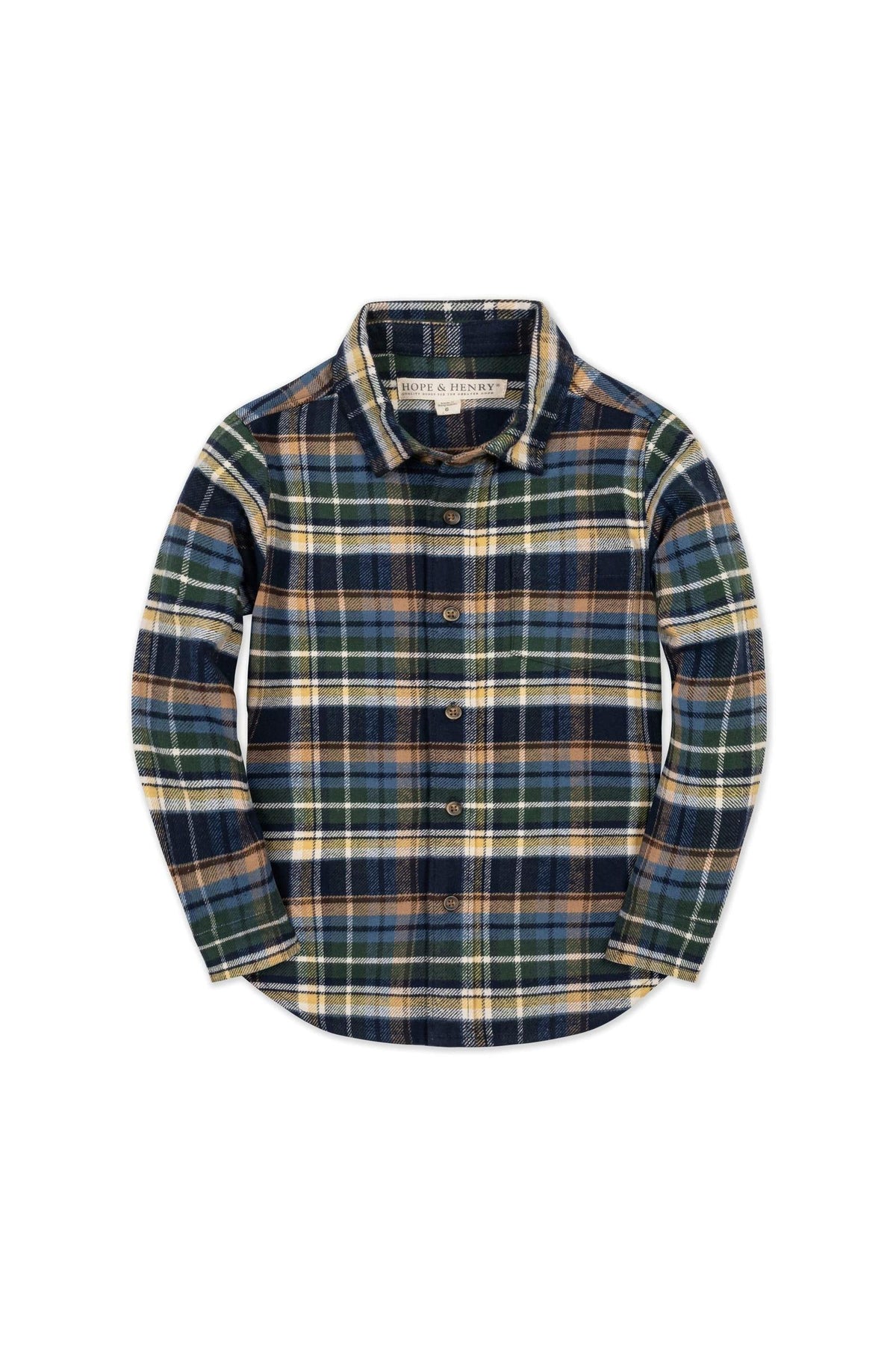 Navy plaid flannel shirt featuring a button-up design, crafted from 100% organic cotton. This stylish shirt is suitable for boys sizes 2T to 18/20, perfect for casual wear.