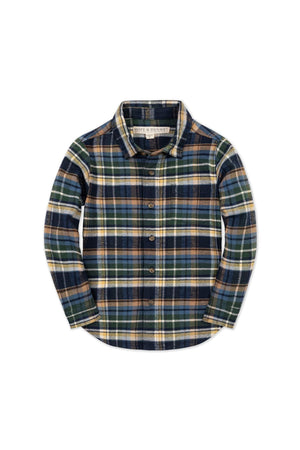 Navy plaid flannel shirt featuring a button-up design, crafted from 100% organic cotton. This stylish shirt is suitable for boys sizes 2T to 18/20, perfect for casual wear.
