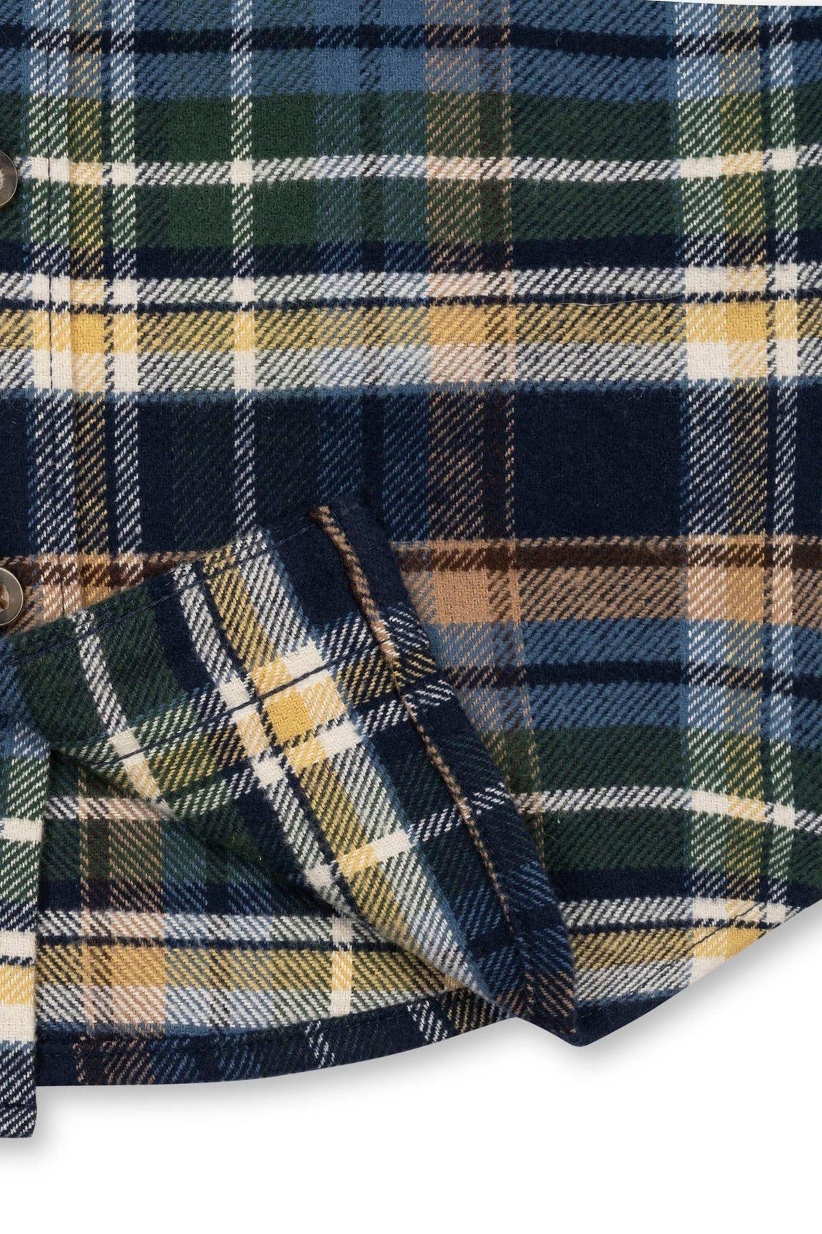 Close-up view of a navy plaid organic cotton flannel shirt featuring rich green, yellow, and white check patterns. This soft, sustainable fabric is perfect for boys ages 2T to 18/20.