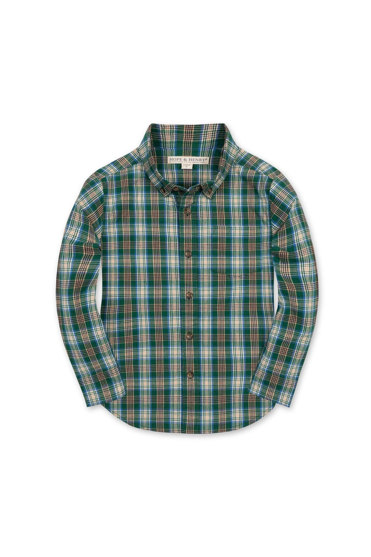 A green classic plaid shirt for boys, made from soft organic cotton stretch poplin. The shirt features a button-down collar and long sleeves, suitable for ages 2T to 18/20.