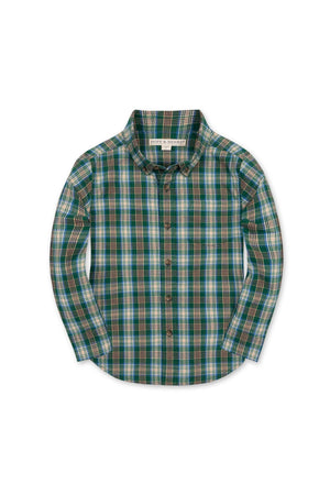 A green classic plaid shirt for boys, made from soft organic cotton stretch poplin. The shirt features a button-down collar and long sleeves, suitable for ages 2T to 18/20.