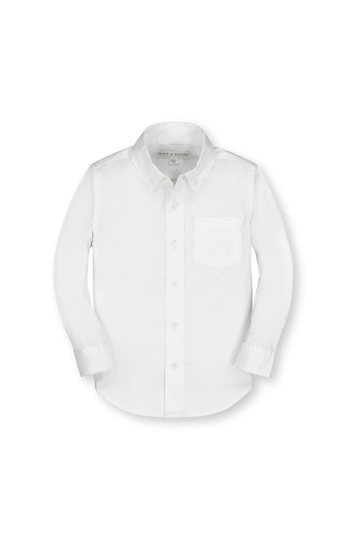 White long-sleeve button-down shirt made from organic cotton, featuring a chest pocket and a classic collar. Ideal for boys’ sizes 2T to 18/20, combining style and comfort.