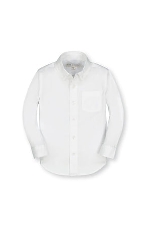 White long-sleeve button-down shirt made from organic cotton, featuring a chest pocket and a classic collar. Ideal for boys’ sizes 2T to 18/20, combining style and comfort.